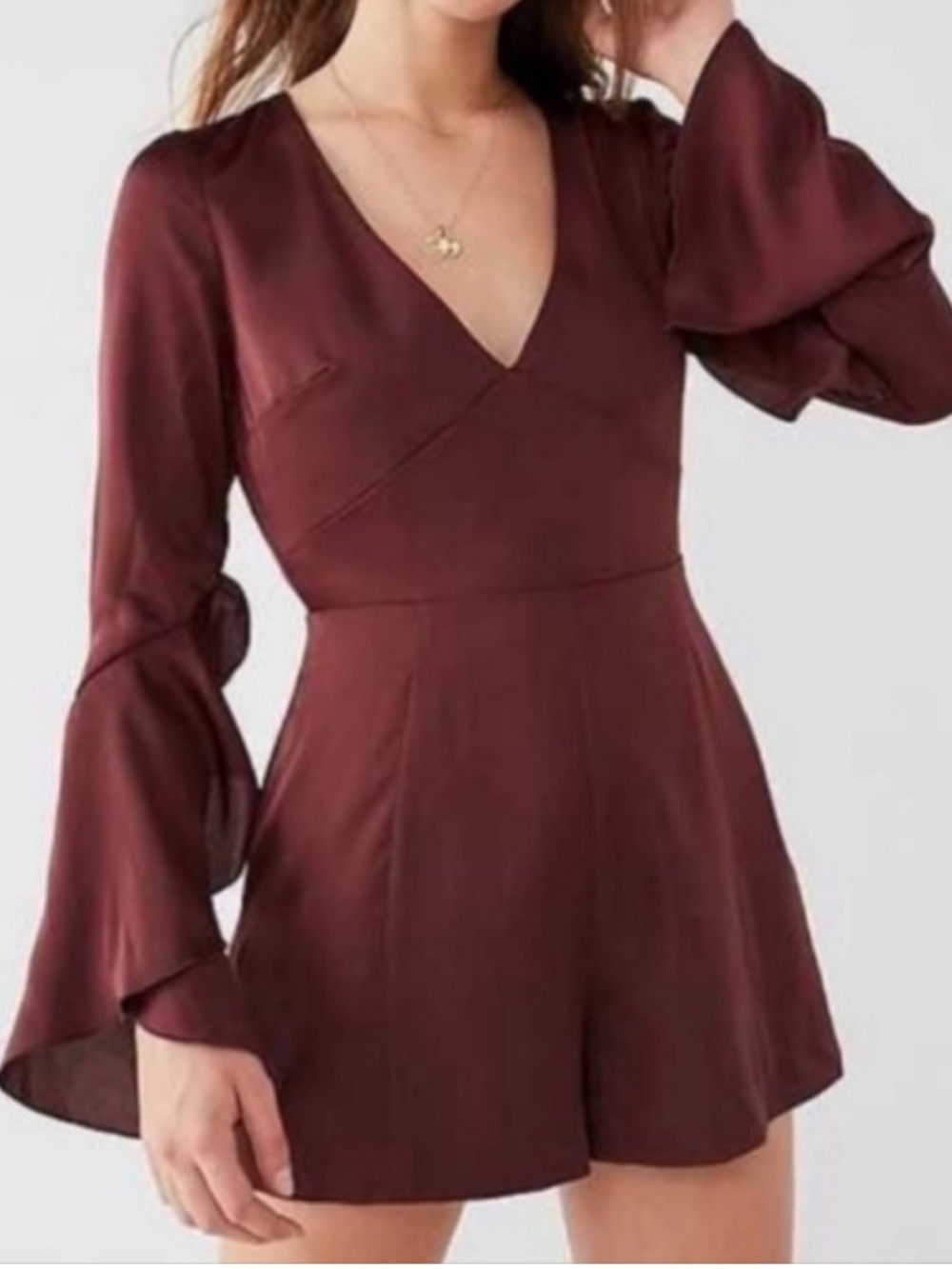 Finders Keepers: Satin V-Neck Bell Sleeved Romper- Burgundy